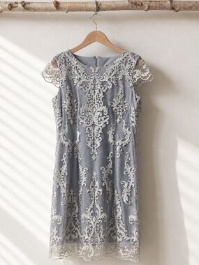 Frank Lyman Light Blue Lace Overlay Formal Dress | Size 12 | Ivory Lace Appliqué
